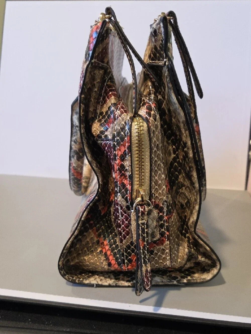 Fiorelli Mia Snake-Print Structured Tote Handbag in Beige and Red